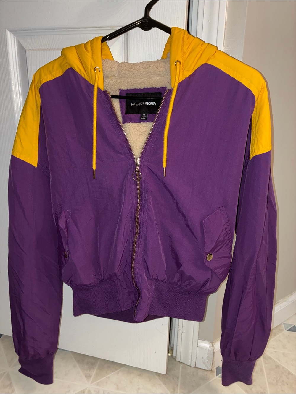 Fashion Nova Purple and Yellow Hooded Sherpa Jacket